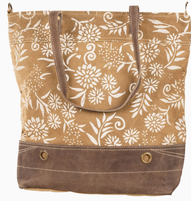 Tan Canvas with Floral Pattern Tote Bag