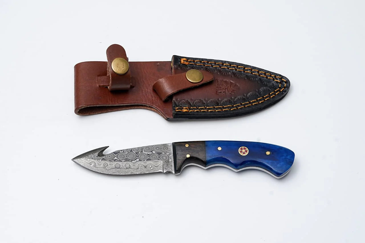 Damascus skinning gut hook knife brown handle