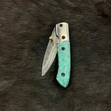 Azureglide Damascus Steel Turquoise Pocket Knife