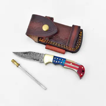 Damascus Steel Pocket Knife - Limited Patriot