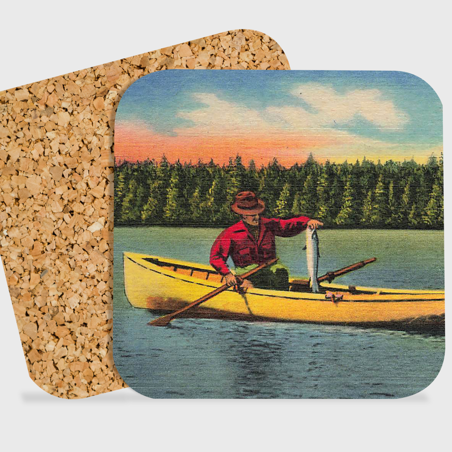 COASTER. Vintage Man Fishing On Lake.