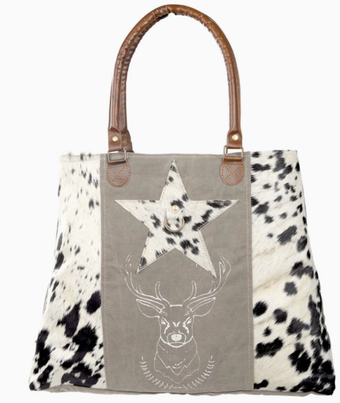 Deer and Star Cowhide Tote Bag